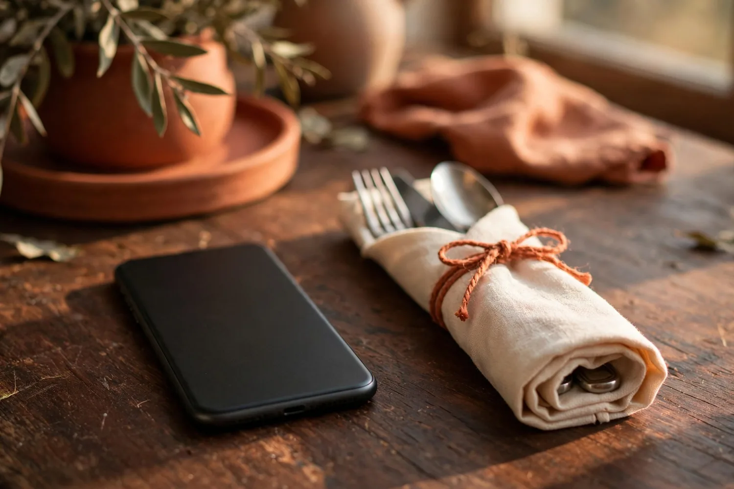 A phone beside rolled cutlery